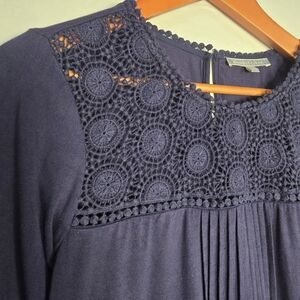 Daniel Rainn Midnight Blue Crochet Lace Accent Pintuck Boho Tunic Top Large